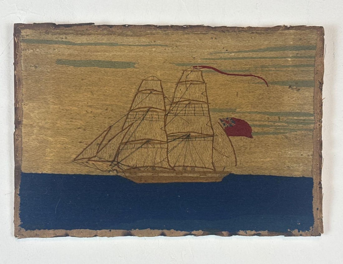 BRITISH ANTIQUE WOOLWORK ANTIQUE VICTORIAN TWO-MASTED NAVAL WOOLIE WITH RED ENSIGN CIRCA 1875 (1 of 4)