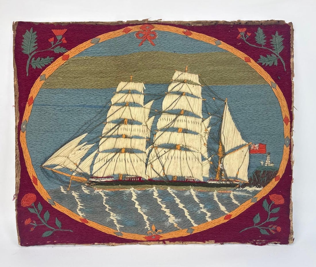 BRITISH ANTIQUE WOOLWORK ANTIQUE VICTORIAN THREE-MASTED NAVAL WOOLIE WITHIN OVAL BORDER CIRCA 1885 (1 of 4)
