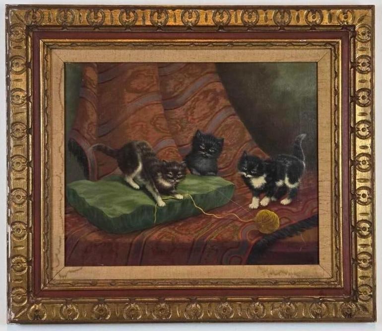 DIAN B. SLUITER SIGNED ANTIQUE OIL ON CANVAS "KITTENS AT PLAY" FRAMED PAINTING (1 of 13)