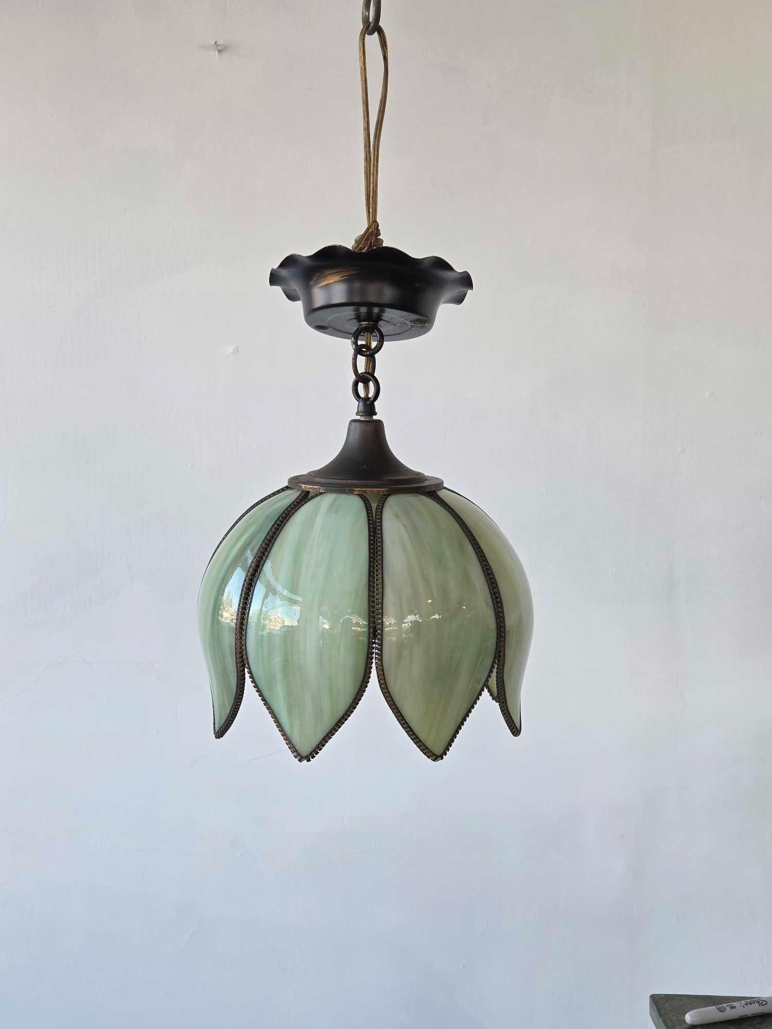 VINTAGE GREEN SLAG GLASS AND BRASS TULIP/LOTUS FLOWER PENDANT LIGHT (1 of 9)