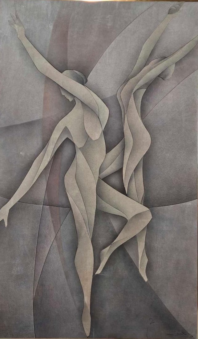 STEVEN D. CORNING SIGNED ABSTRACT FIGURAL WORK IN SUEDE 60.5" x 36.5": Large-scale hand-cut suede leather assemblage depicting two stylized dancing figures within a gold-tone frame. Approximate Dimensions: 60.5" x 36.5" Artist or Maker: Steven D. Corning Prove