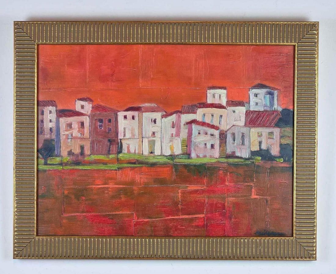 MID CENTURY IMPRESSIONIST OIL ON CANVAS RIVER TOWNSCAPE CITYSCAPE: Abstracted urban waterfront scene with stylized white architecture and reflective red-toned water Approximate Dimensions: 17.5" x 23.5" ; framed 22" x 28" Artist or Maker: Unknown Pr