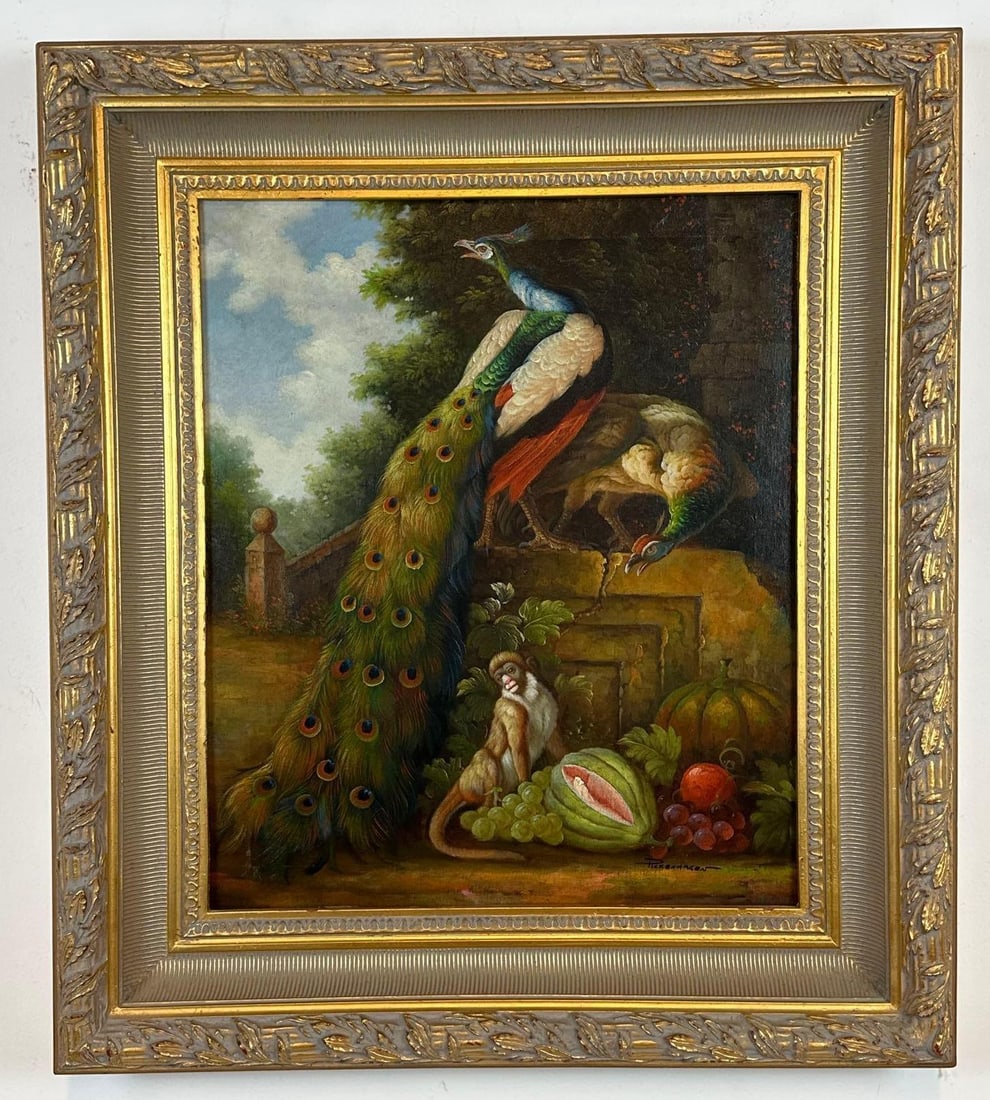 HERBERT PICKENHAGEN OIL ON CANVAS PEACOCK AND MONKEY IN GILT FRAME (1 of 8)