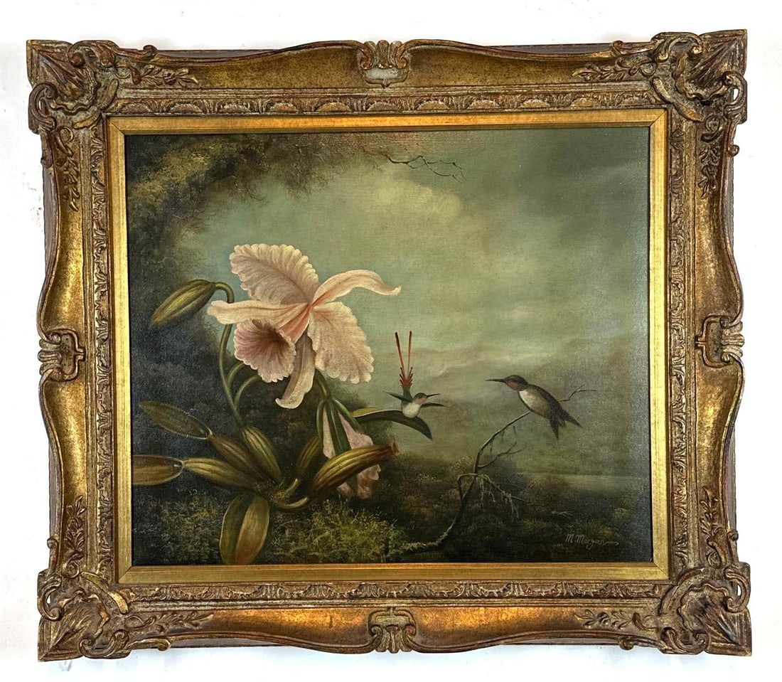 M. MORGAN OIL ON CANVAS HUMMINGBIRDS AND ORCHID IN ORNATE GILT FRAME (1 of 8)