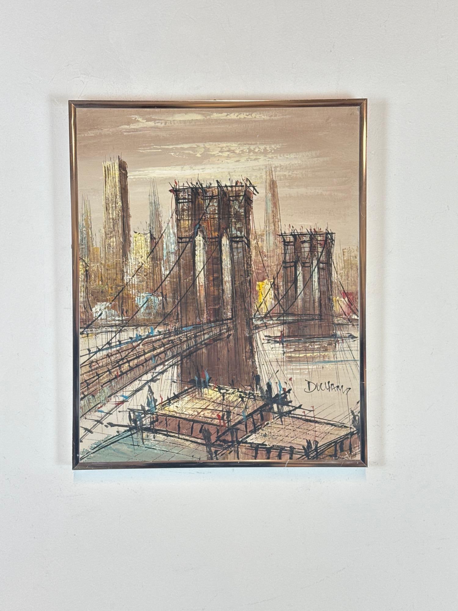 VINTAGE H. DUCHAMP OIL ON CANVAS BROOKLYN BRIDGE NEW YORK CITYSCAPE (1 of 6)