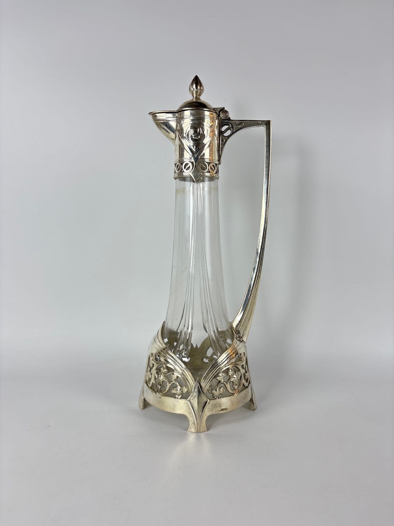 LARGE WMF ART NOUVEAU SILVER-PLATE AND GLASS WINE CLARET JUG (1 of 9)