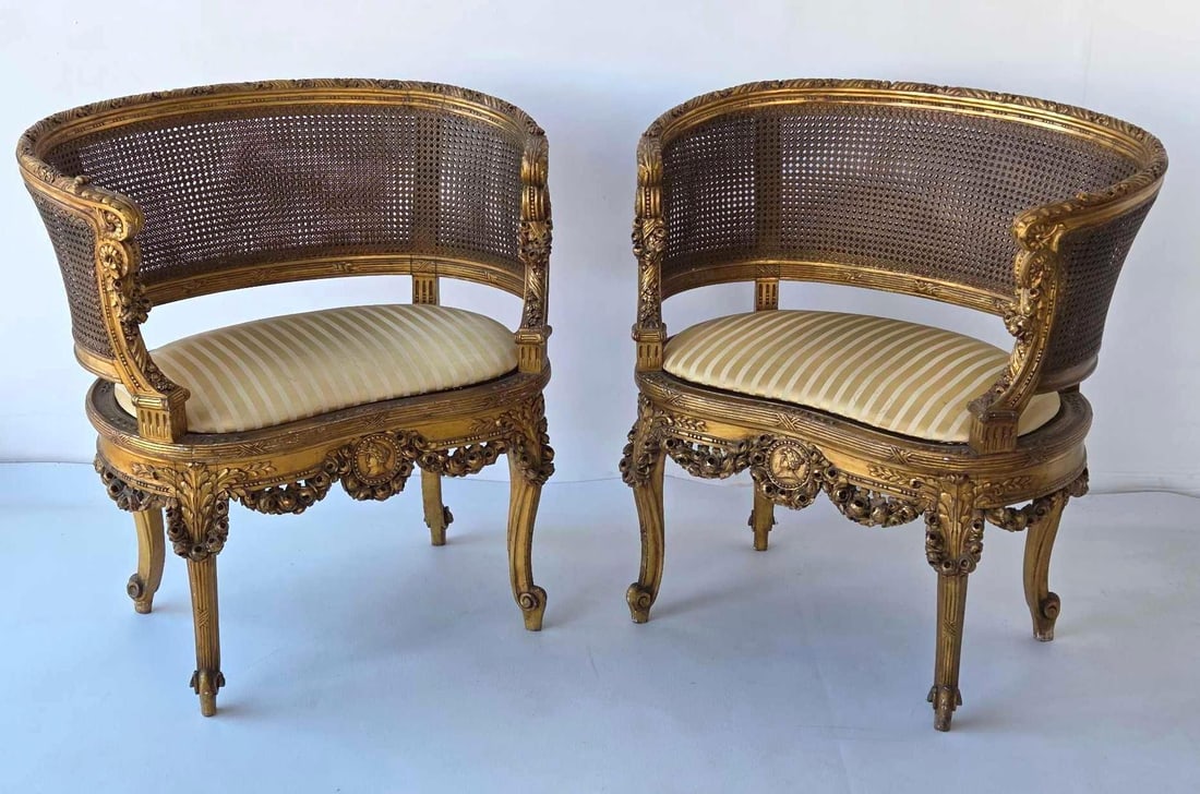 FINE ANTIQUE PAIR OF LOUIS XVI CARVED AND CANED GILTWOOD SALON CHAIRS (1 of 20)