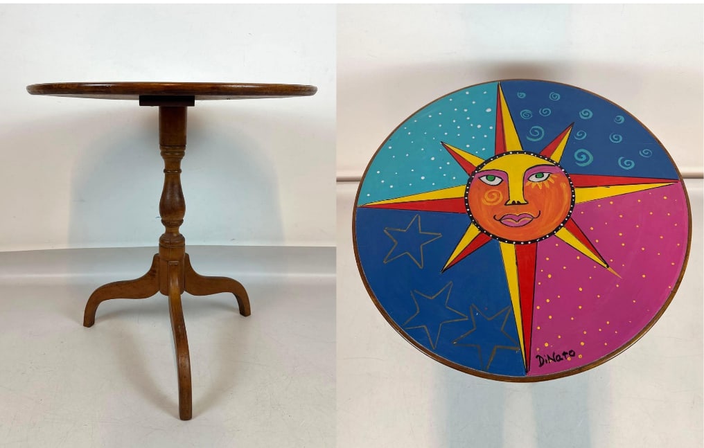 JOHN DINARO HAND PAINTED CELESTIAL W.F. WHITNEY COMPANY ROUND PEDESTAL TABLE: Custom round folk art pedestal table with a vibrant celestial hand-painted landscape on a vintage solid wood W.F. Whitney Heirloom table. Approximate Dimensions: 27"H x 27"Dia Artist/Maker: