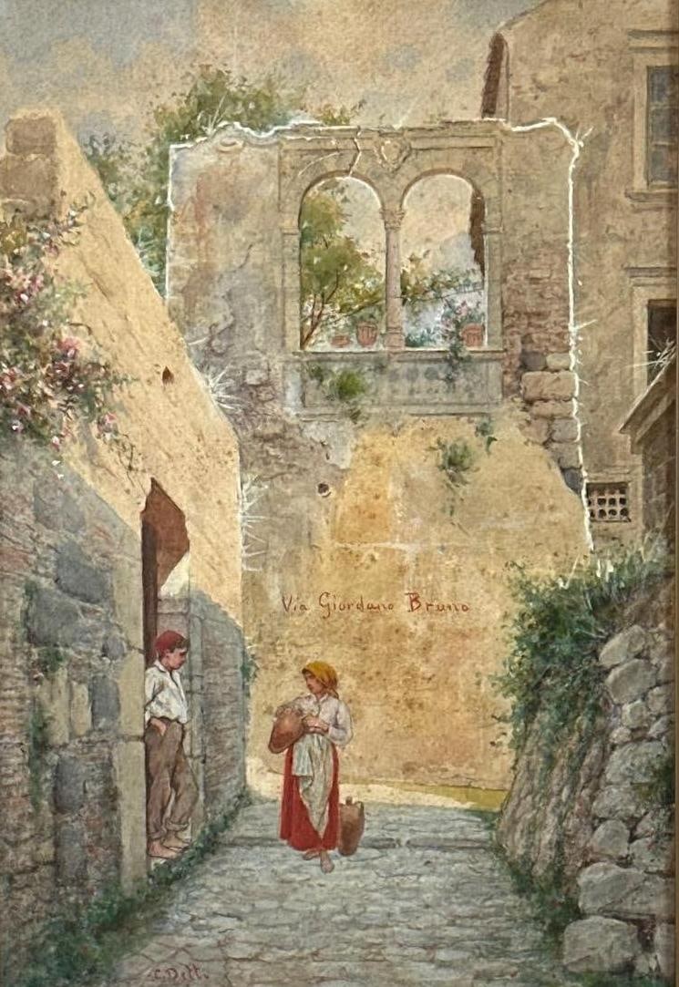 CESARE AUGUSTE DETTI ITALIAN STREET SCENE WATERCOLOR: Antique watercolor painting of figures on a cobblestone Italian village street Approximate Dimensions: 16.5” X 11.25”; Frame 22.25” X 17” Artist or Maker: Cesare Auguste Detti