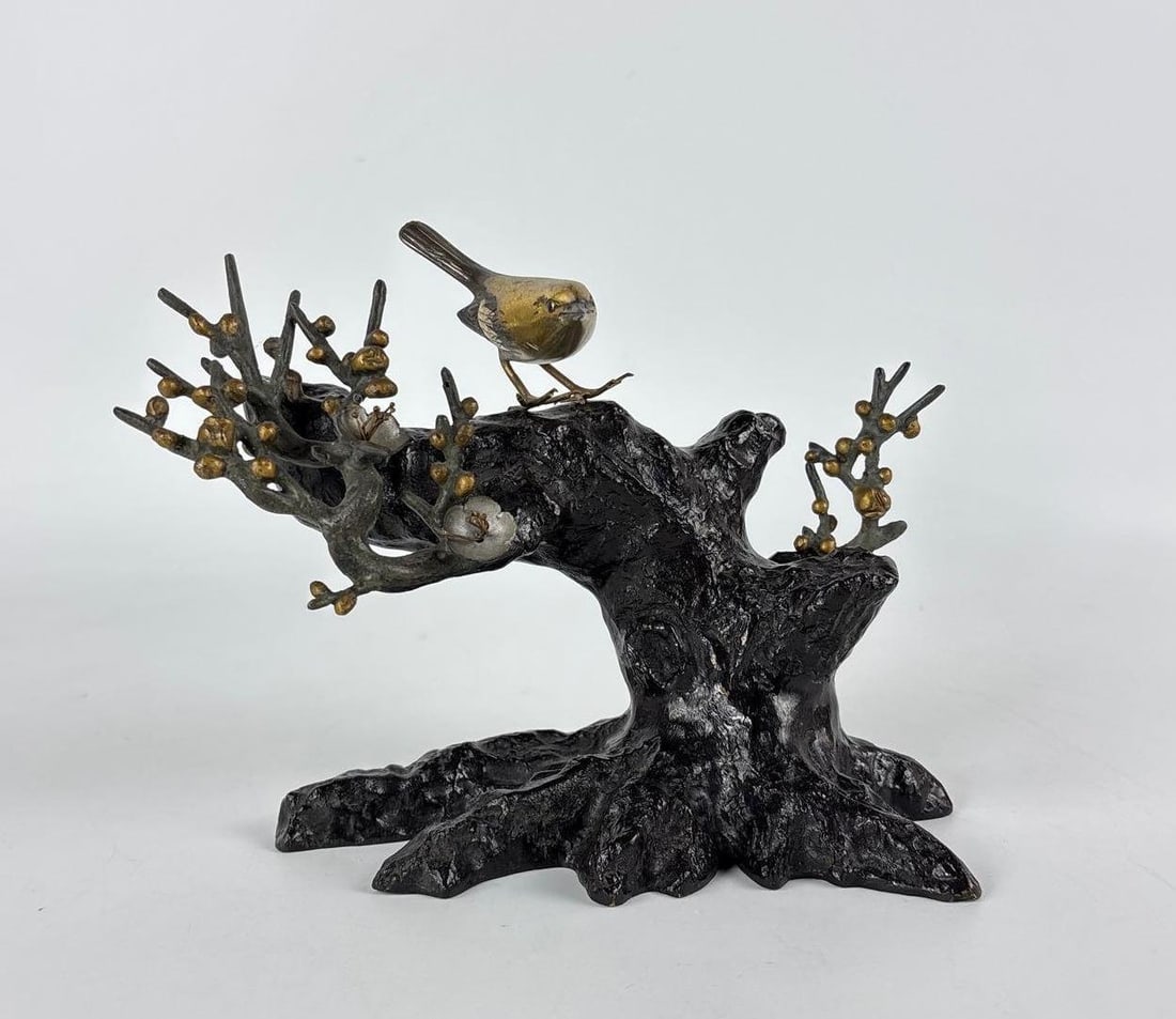 JAPANESE MEIJI BRONZE SCULPTURE "BIRD IN CHERRY TREE" GILT ACCENTS (1 of 11)