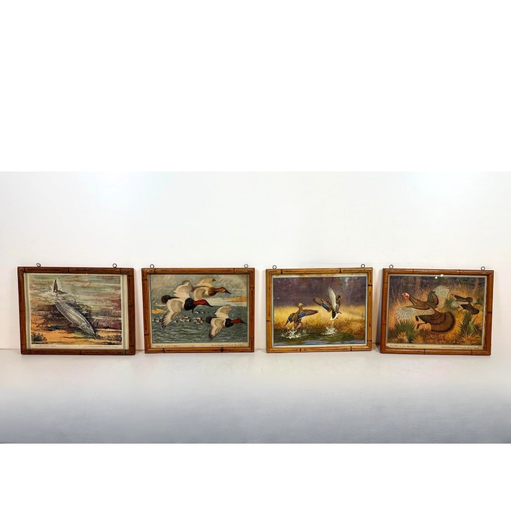 SET OF FOUR VINTAGE SPORTING PRINTS IN FAUX BAMBOO FRAMES: A collection of four wildlife prints depicting waterfowl, game birds, and fish in matching carved wood faux bamboo frames. Approximate Dimensions: 14" x 16" Original Artists: William Schalda