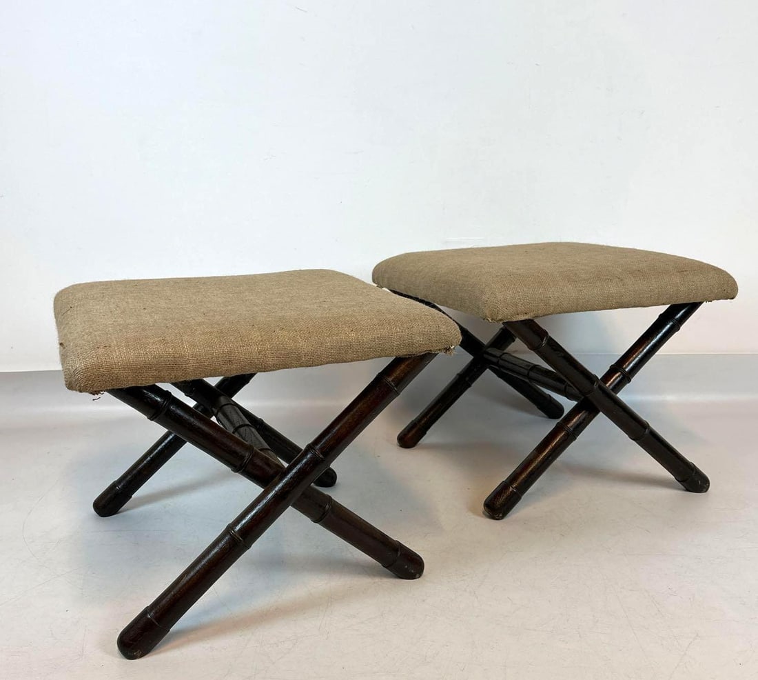 PAIR OF VINTAGE FAUX BAMBOO X-FRAME OTTOMANS WITH BURLAP UPHOLSTERY (1 of 6)