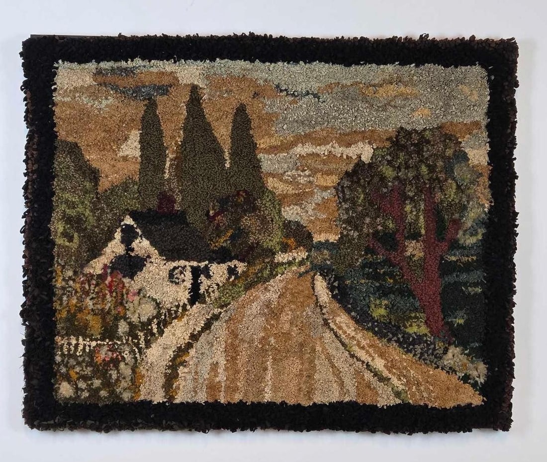 ANTIQUE HOOKED RUG "COTTAGE ON THE LANE" WITH WOOD BACKFRAME (1 of 9)