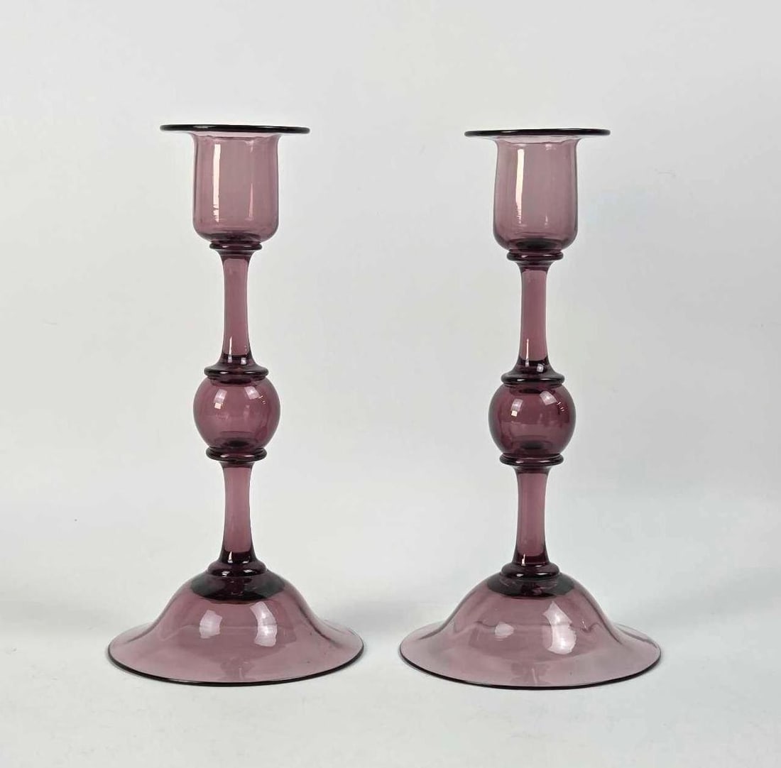 PAIR OF VINTAGE AMETHYST PURPLE GLASS CANDLESTICKS (1 of 9)