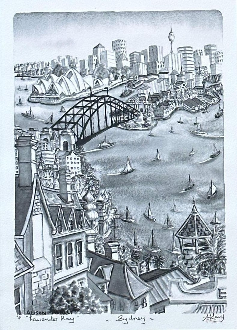 LAVENDER BAY SYDNEY AUSTRALIA PRINT SIGNED ALISON ASHLEY: *A stylized, black-and-white ink drawing of Lavender Bay in Sydney, Australia, featuring iconic landmarks like the Sydney Harbour Bridge and Sydney Opera House. Signed and titled by the artist Alison