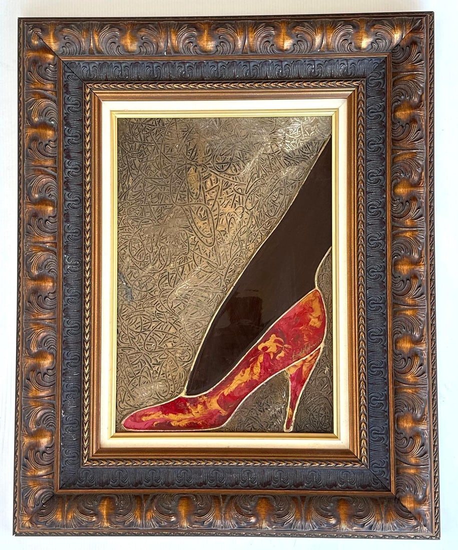 RED STILETTO SIGNED RUDOLPHS FASHION POP ART: *A contemporary mixed-media artwork featuring a stylized red high-heeled stiletto shoe set against a metallic-textured background in an ornate frame. Signature appears to read "Rudolphs 10" in
