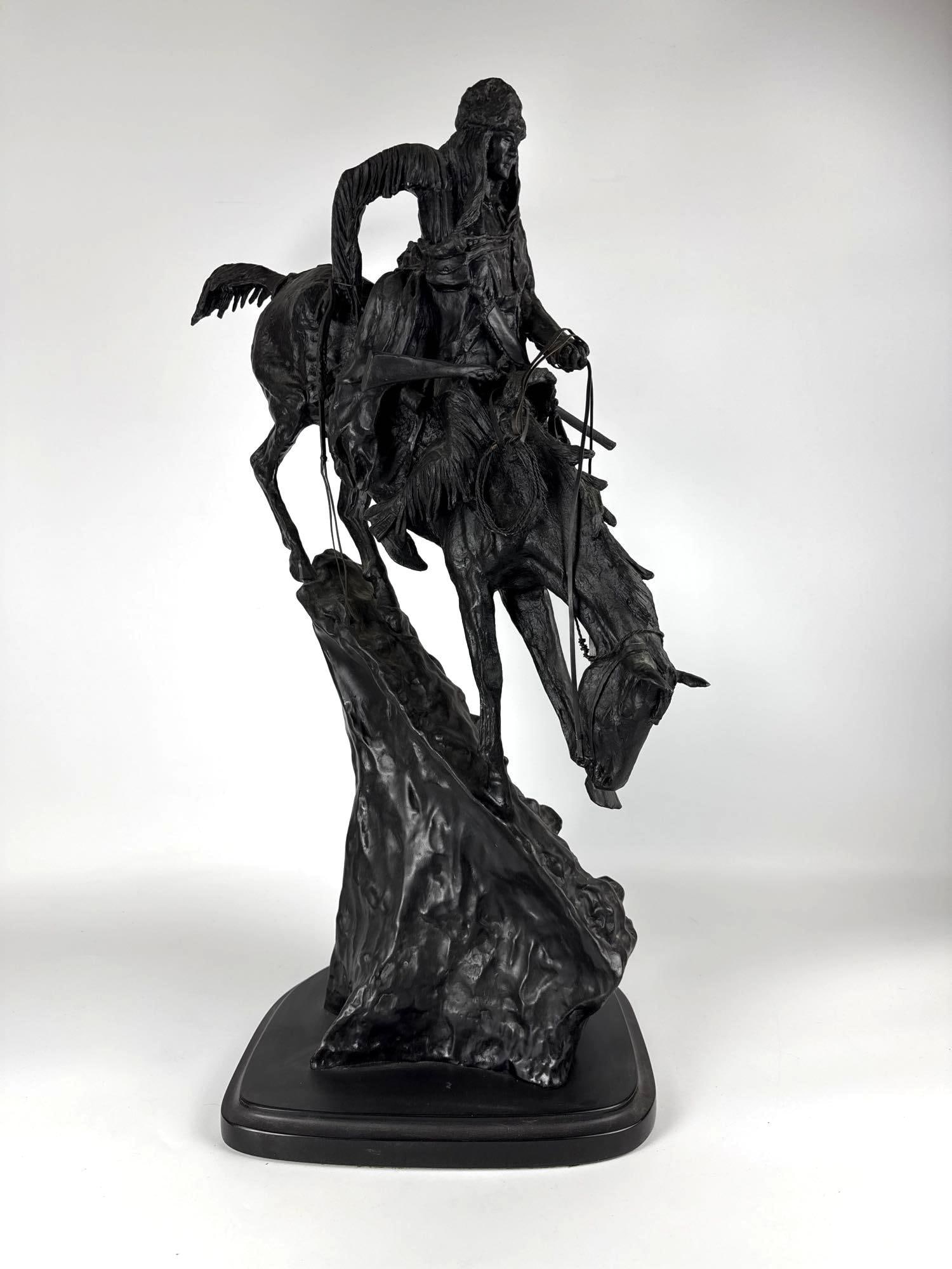 LARGE BRONZE EQUESTRIAN SCULPTURE AFTER REMINGTON THE MOUNTAIN MAN 29 INCHES (1 of 10)