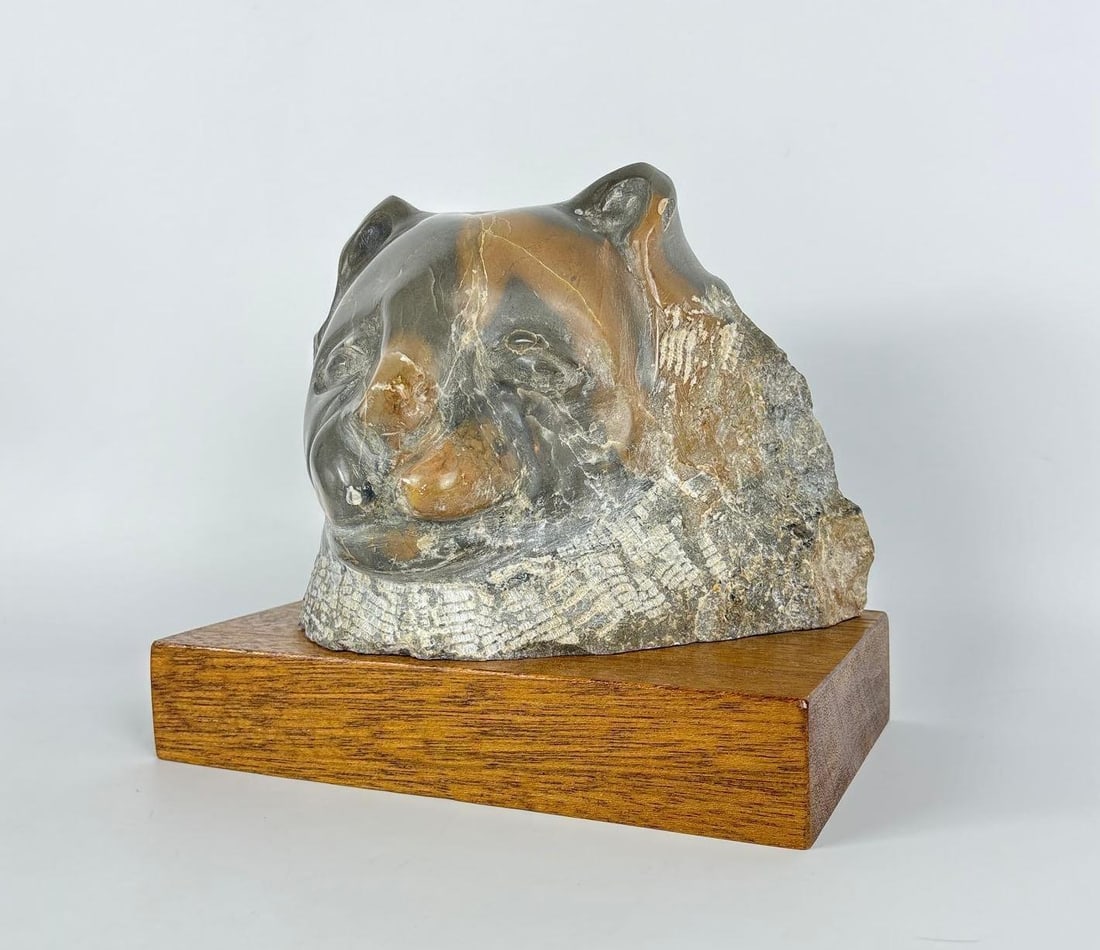 SIGNED A. OLSSON MODERNIST CARVED MARBLE FELINE BUST: *Mid-century Scandinavian Modernist two tone carved stone head of a lion, signed "A. Olsson" (Axel Olsson, Swedish, 1919–2001) and numbered "106" on a wood plinth. Approximate Dimens