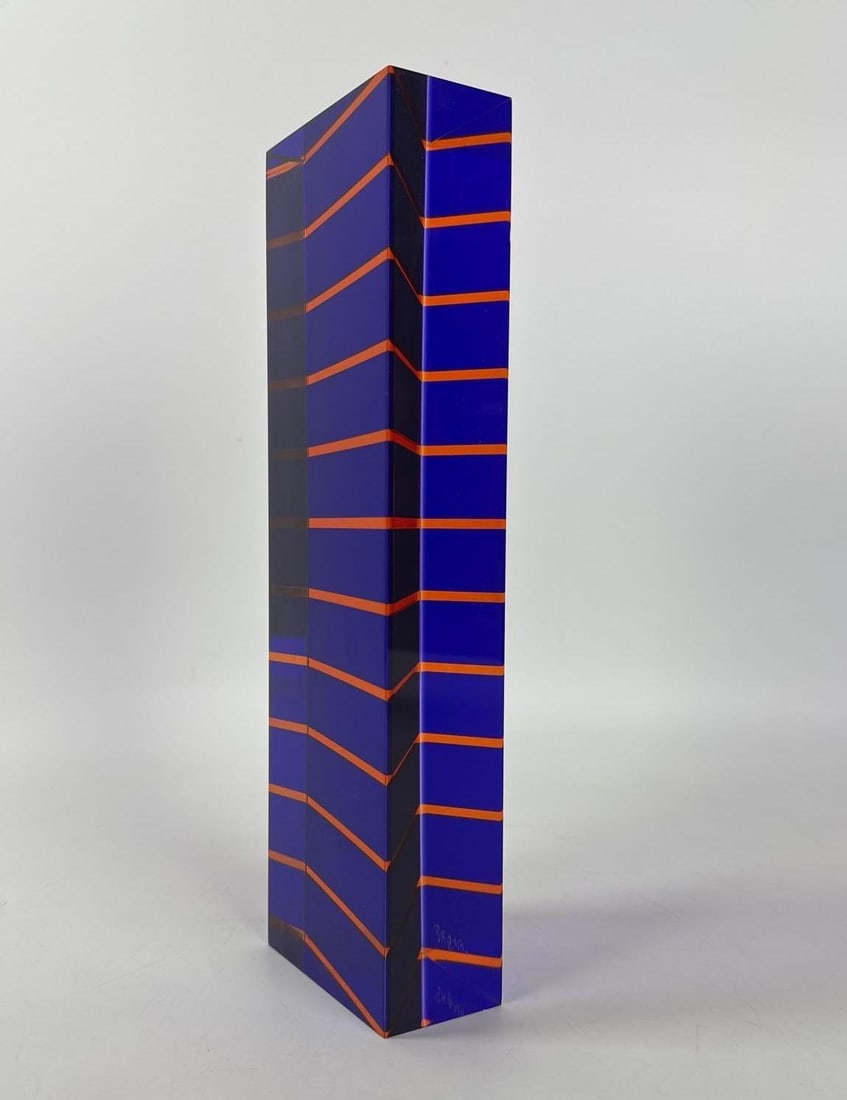 1989 SIGNED VASA MIHICH NEON TOWER SCULPTURE: Minimalist polychrome laminated cast acrylic monolith featuring vibrant orange horizontal banding set against a deep cobalt blue rectangular column. Approximate Dimensions: 11”h x 2.75”w