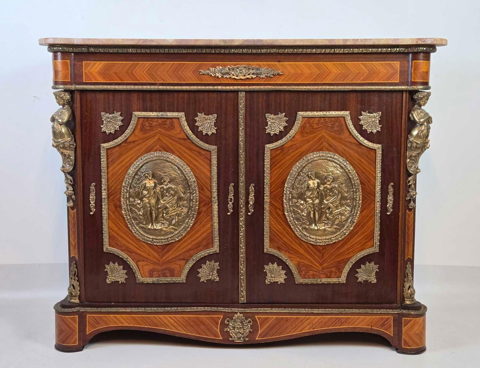 NAPOLEON III STYLE MARQUETRY INLAY MARBLE TOP CABINET WITH IMPRESSIVE BRONZE MOUNTS MEUBLES D'APPUI (1 of 18)