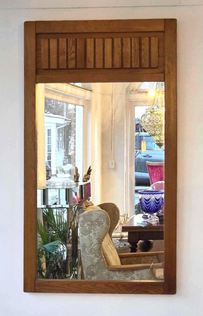 VINTAGE MISSION STYLE WOOD FRAMED MIRROR: Large rectangular solid frame mirror with decorative vertical wood slats Approximate Dimensions: 48.5"H x 27.5"W Artist or Maker: Unknown Provenance: From a New York Collector Notes: