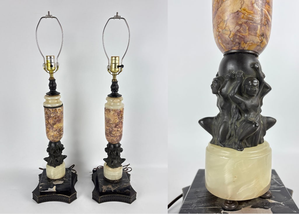 VINTAGE NEOCLASSICAL ALABASTER AND MARBLE FIGURAL TABLE LAMP: *Pair of hand carved alabaster & marble base lamps with figural design Approximate Dimensions: 29" x 7.5" x 7.5" Artist or Maker: Unknown Provenance: From a New York Collector Notes: A