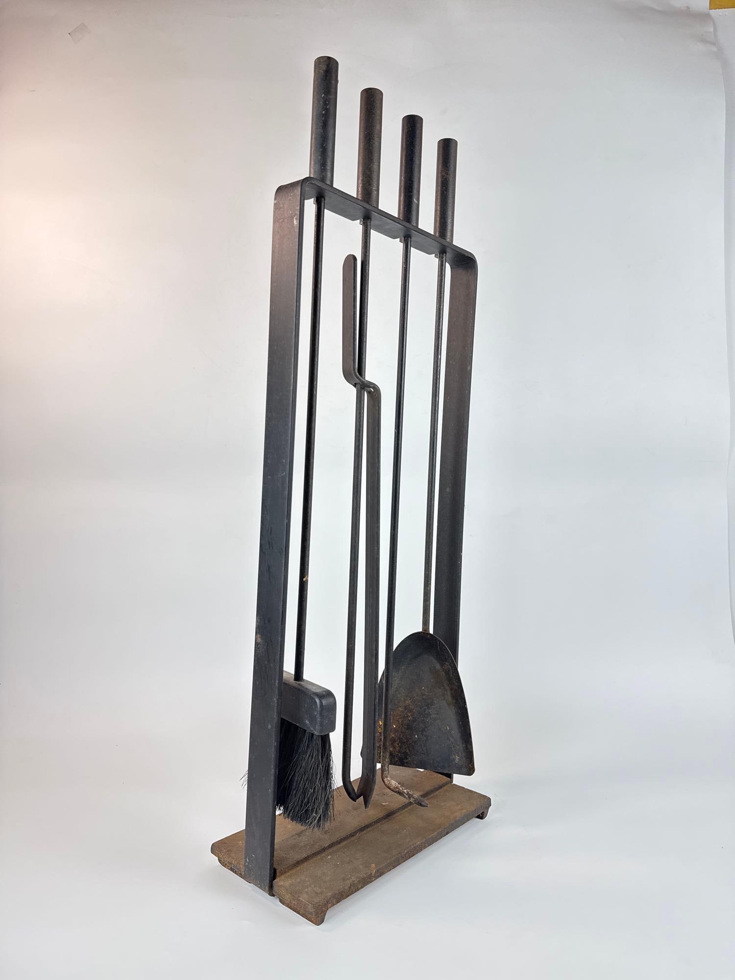 PILGRIM MID CENTURY MODERN BLACK IRON FIREPLACE TOOL SET WITH RECTANGULAR STAND (1 of 8)