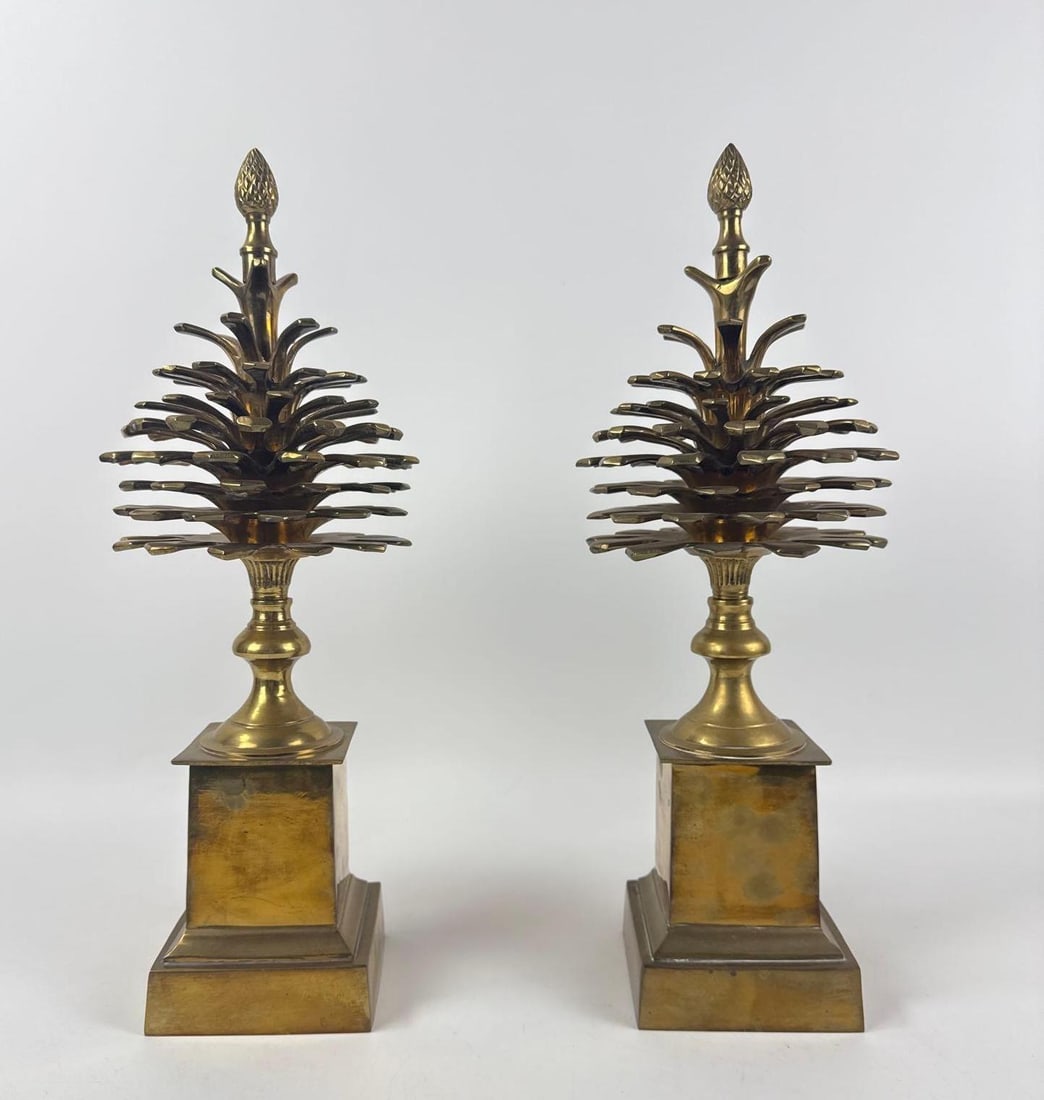 PAIR OF VINTAGE MOTTAHEDEH BRASS POMMES DE PIN PINEAPPLE FINIALS ON PEDESTALS (1 of 13)