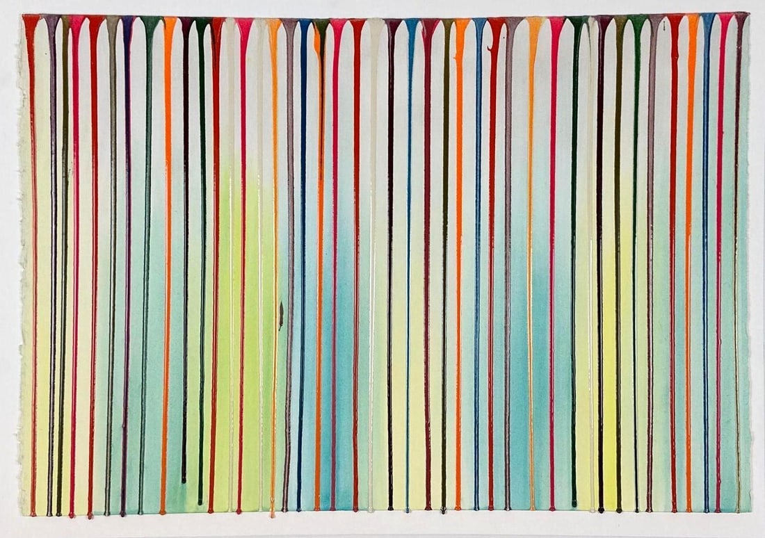 MARKUS LINNENBRINK ORIGINAL RESIN AND WATERCOLOR ON FABRIANO PAPER: Dynamic vertical drips of saturated pigment culminating in heavy sculptural resin droplets along the bottom edge of the sheet Approximate Dimensions: 21" X 30" Artist or Maker: Markus Linnenbr