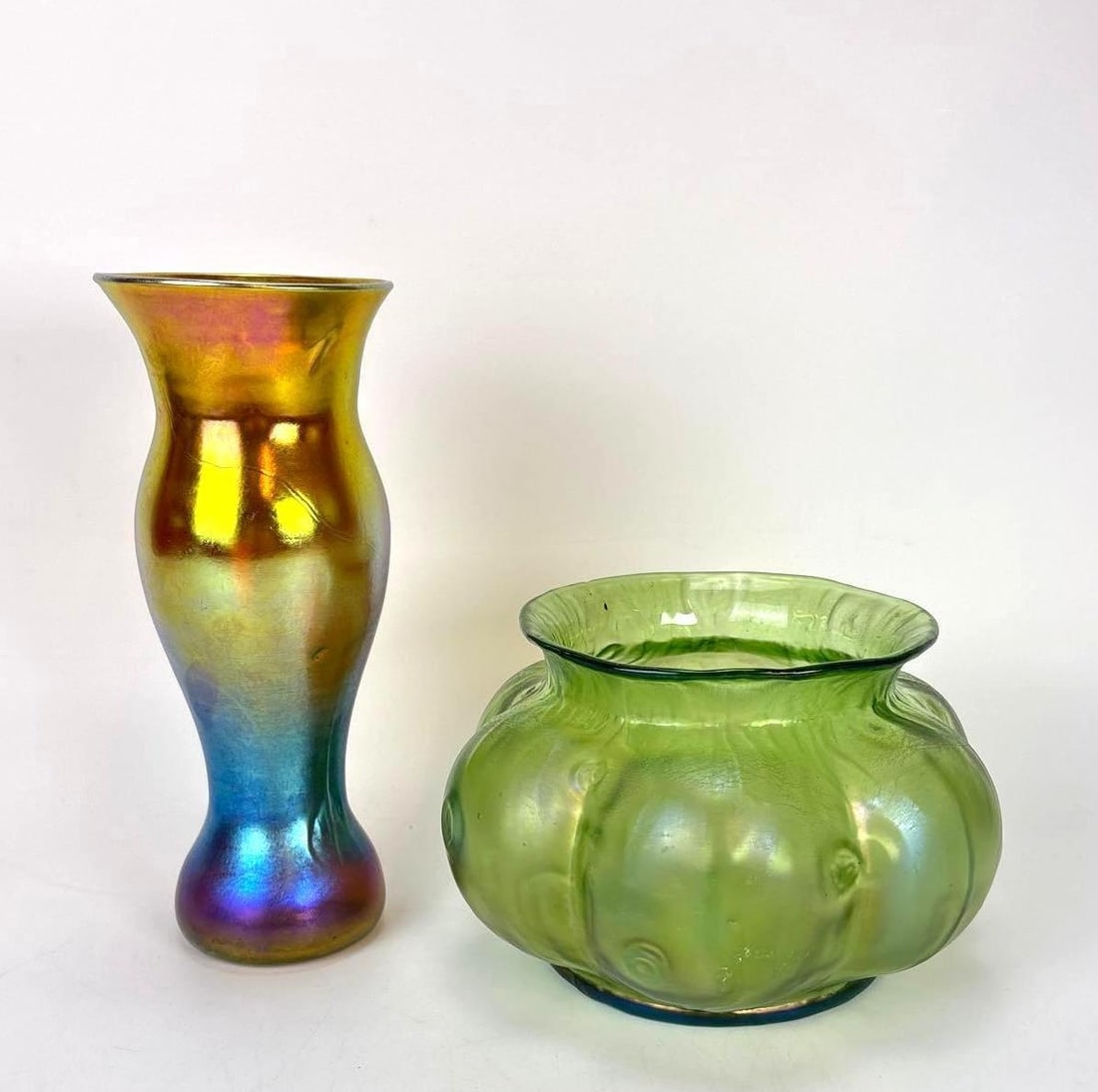 ANTIQUE BOHEMIAN "PAPILLON" IRIDESCENT GLASS VASE AND GREEN VASE (1 of 6)