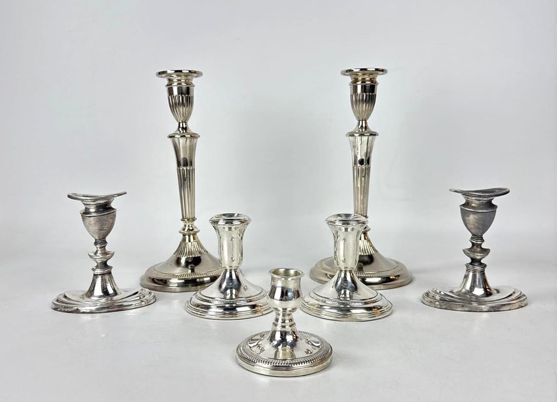 SEVEN VINTAGE ENGLISH SILVER-PLATED CANDLESTICKS (1 of 14)