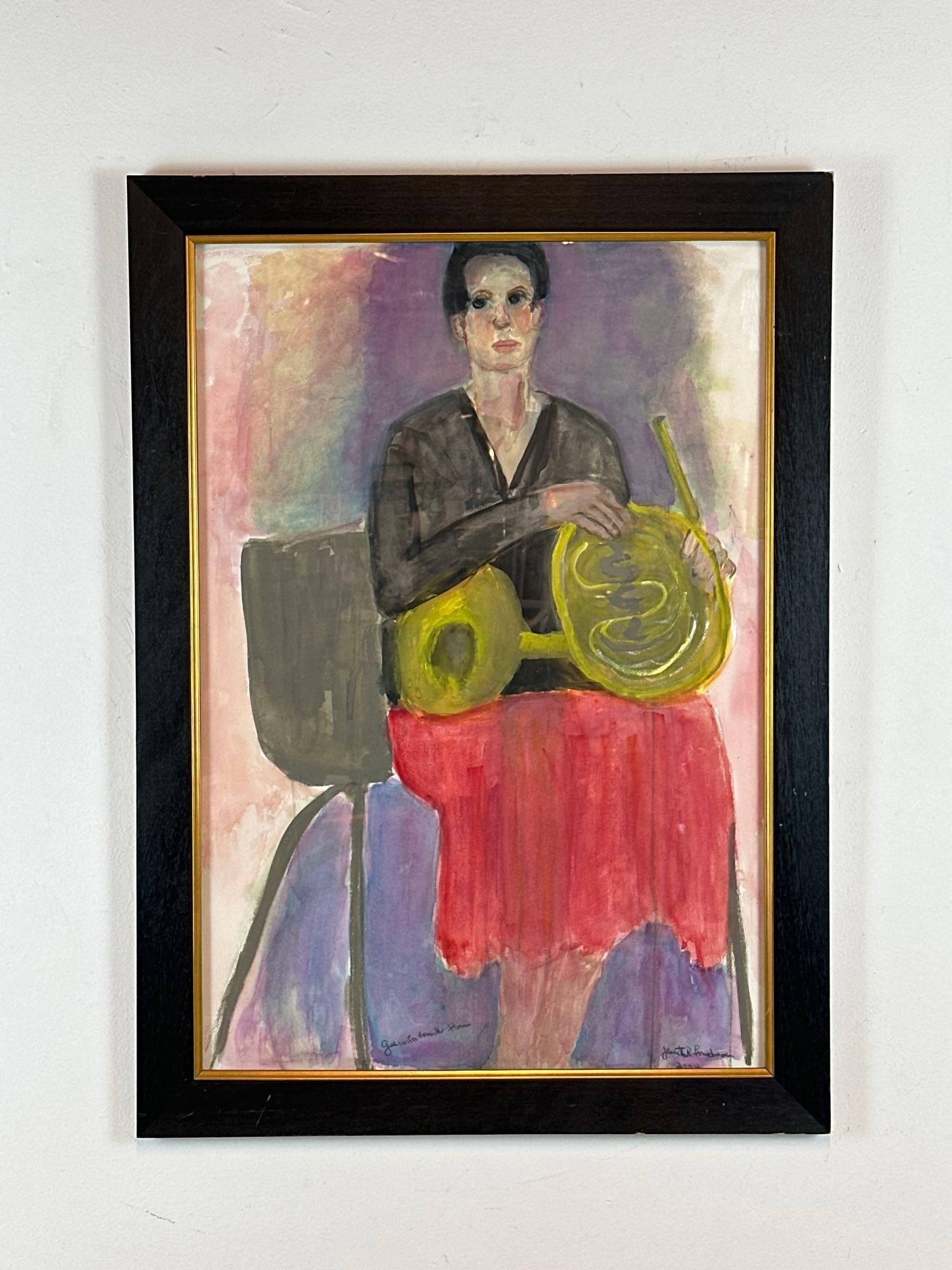 MODERNIST "GIRL WITH FRENCH HORN" GOUACHE PAINTING, SIGNED (1 of 9)