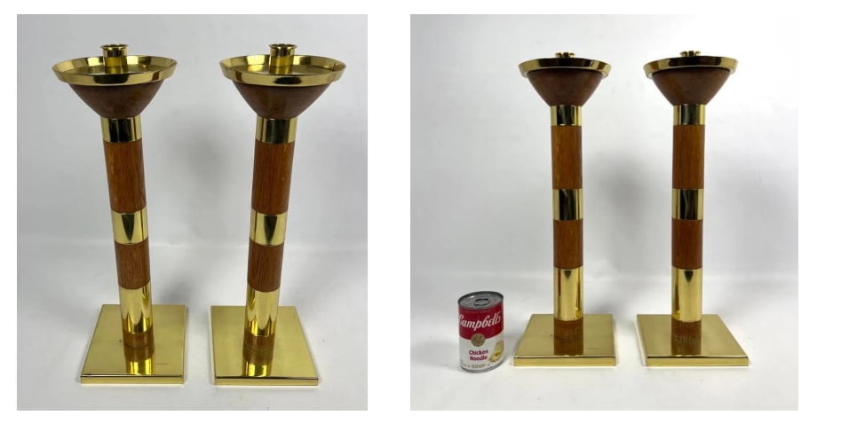 PAIR OF SUPERSIZED GABRIELA CRESPI STYLE MID-CENTURY MODERN WOOD AND BRASS CANDLESTICKS: A pair of vintage hand-turned tapered wooden candle holders with polished brass cups and bases. Approximate Dimensions: 19"H x 6"W x 6"D Artist or Maker: Unknown Provenance: From a New