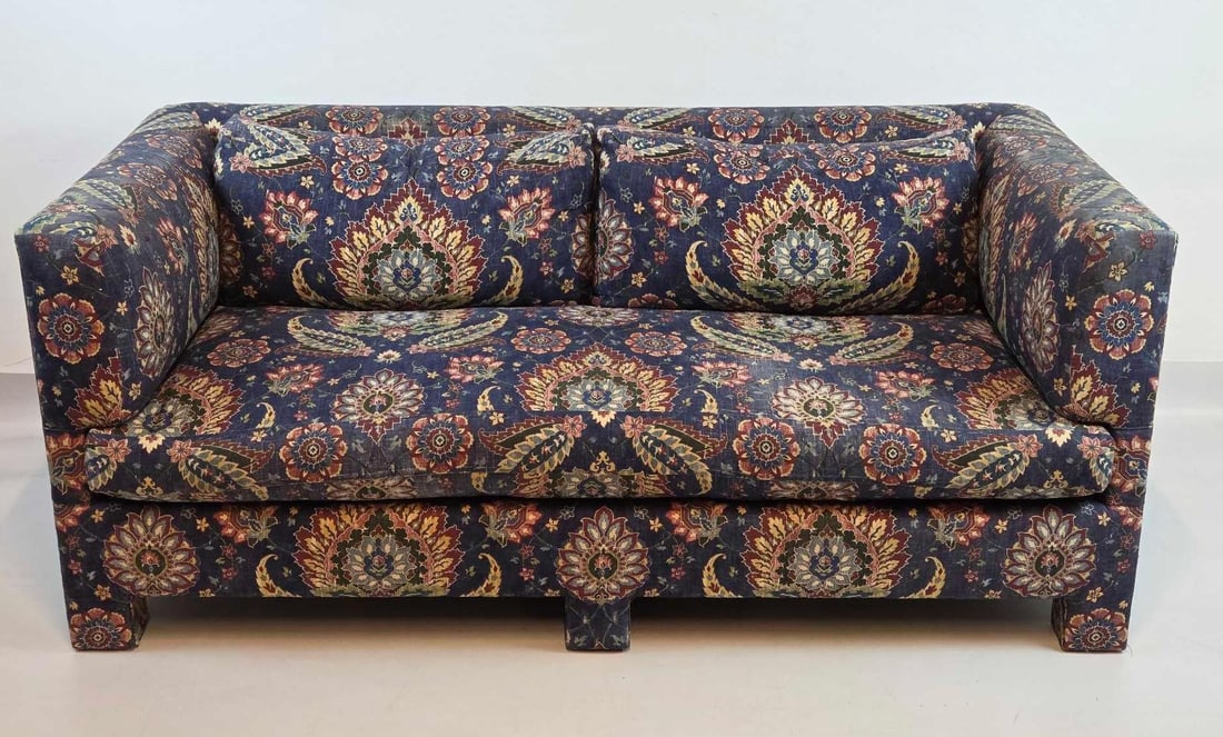 VINTAGE PAISLEY UPHOLSTERED TUXEDO SOFA WITH STRAIGHT ARMS (1 of 11)