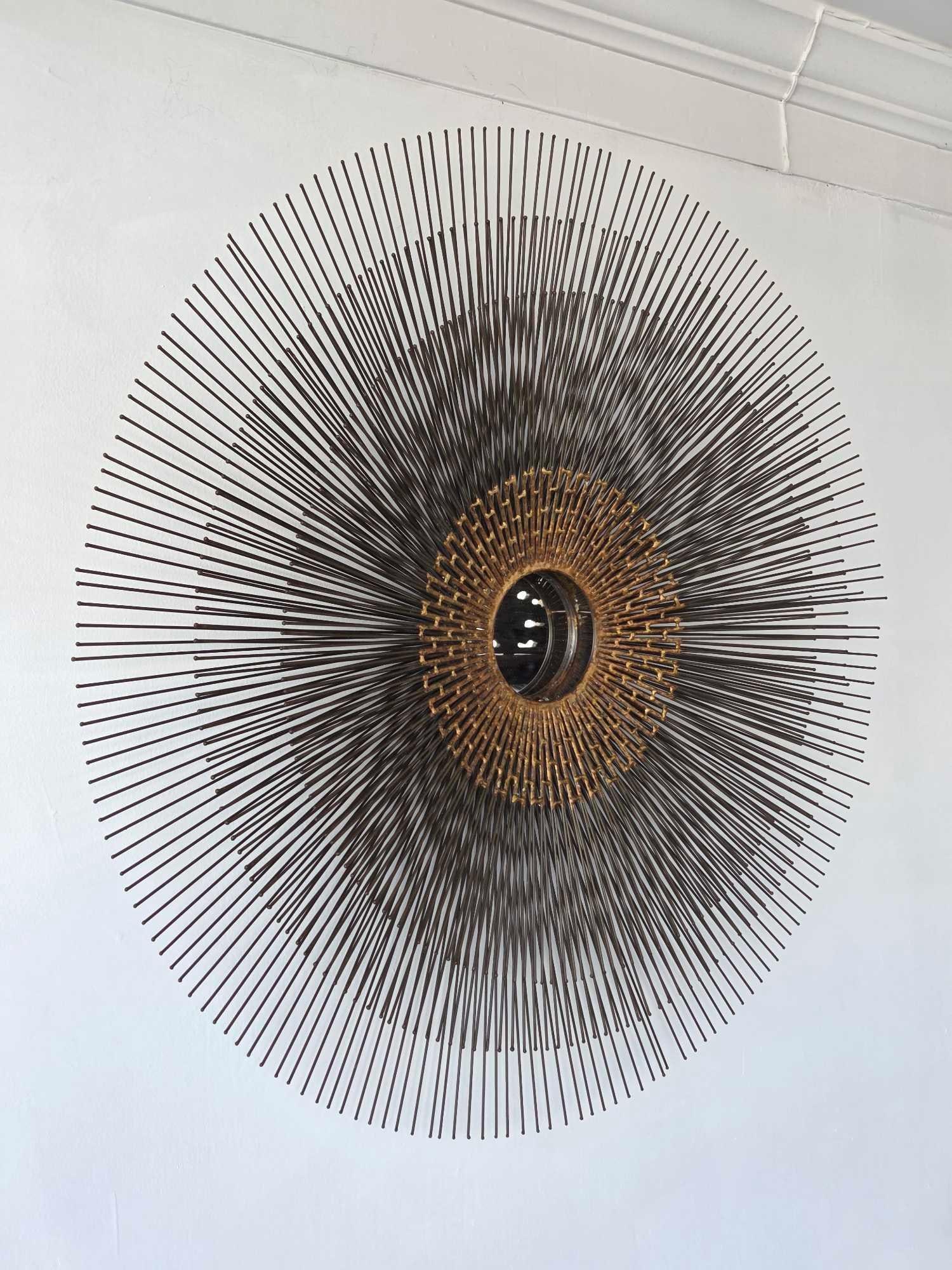 BRUTALIST THREE-TIER CIRCULAR SUNBURST WALL MIRROR LARGE THREE FOOT DIAMETER (1 of 9)