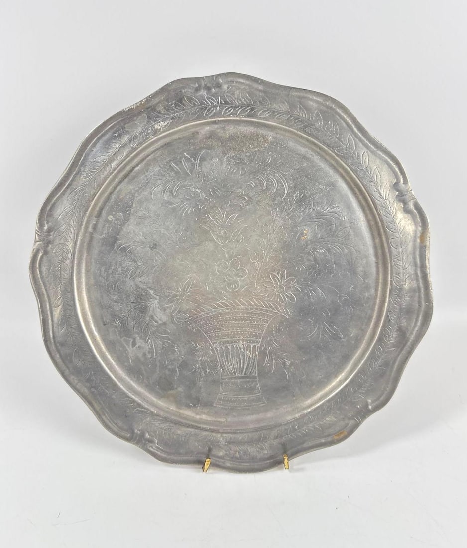 ANTIQUE FRENCH ENGRAVED PEWTER CHARGER (1 of 10)