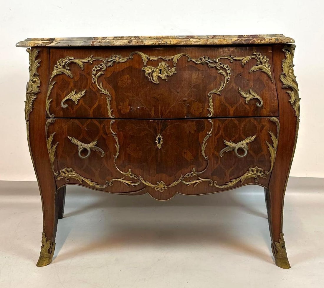 FRENCH LOUIS XV STYLE MARQUETRY BOMBE COMMODE WITH MARBLE TOP (1 of 13)