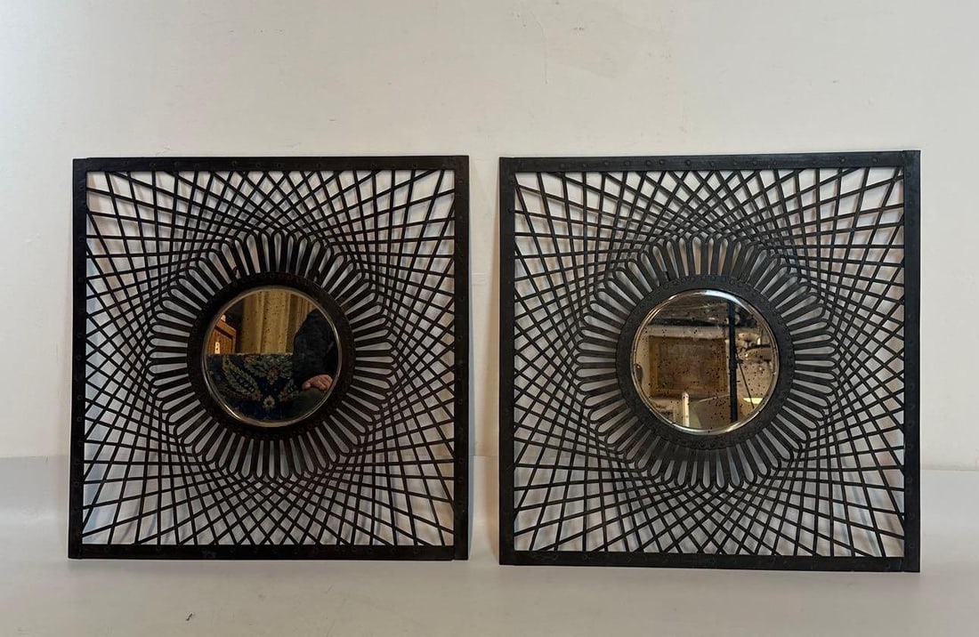 PAIR OF WROUGHT IRON AND ANTIQUED GLASS MIRRORS (1 of 9)