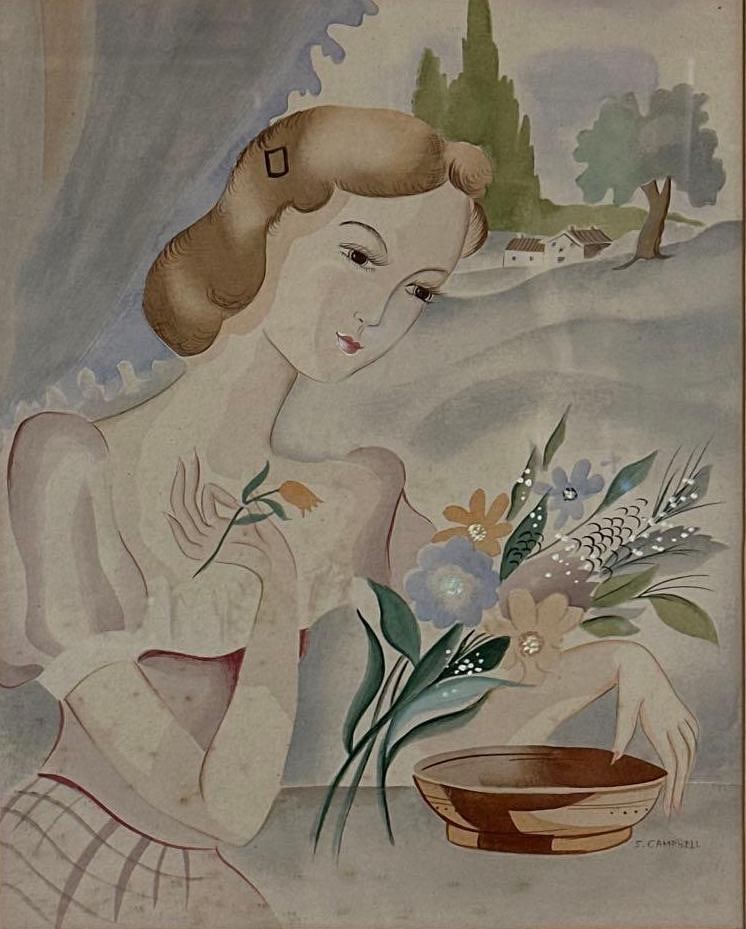 S. CAMPBELL SIGNED WATERCOLOR PORTRAIT: Framed ethereal stylized woman with flowers and landscape background Approximate Dimensions: 20” x 16” Frame 30”x 26.5” Artist or Maker: S. Campbell Provenance: From a New York