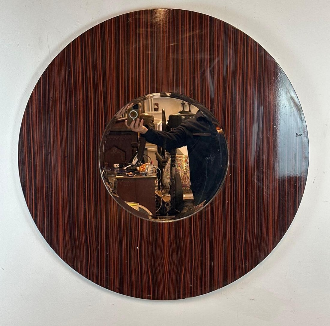 LARGE ROUND ART DECO STYLE MACASSAR EBONY VENEER WALL MIRROR (1 of 7)