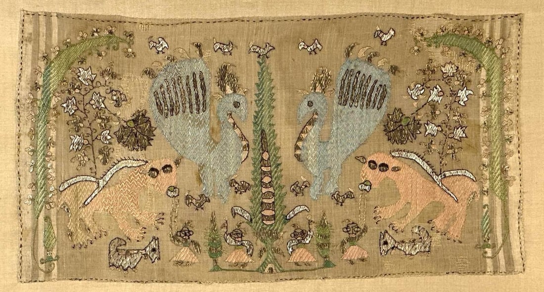 18TH CENTURY GREEK SAMOS SILK EMBROIDERY (2 of 2): Hand-stitched textile featuring upright floral stems and mythical creatures Approximate dimensions: 17.5”h x 27”w x .50”d Artist or Maker: Unknown Provenance: