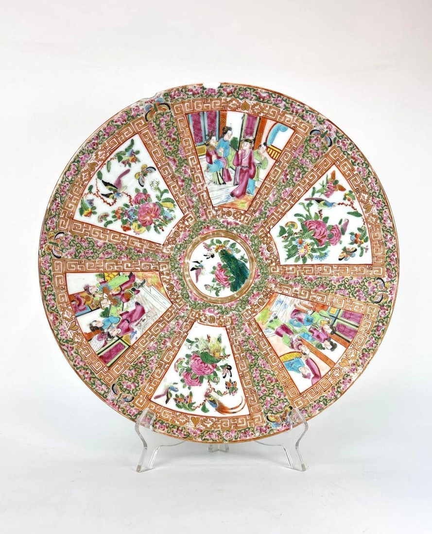 19TH CENTURY CHINESE FAMILLE ROSE ROSE MEDALLION PORCELAIN CHARGER: A hand-painted export porcelain plate with alternating panels of figures, birds, and blooming peonies. Approximate Dimensions: 13.5" Dia Artist or Maker: Unknown Provenance: From a New York Col