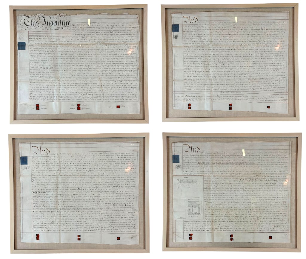 SET OF 4 LARGE FRAMED 19TH CENTURY MANUSCRIPT INDENTURES ON VELLUM (1 of 17)