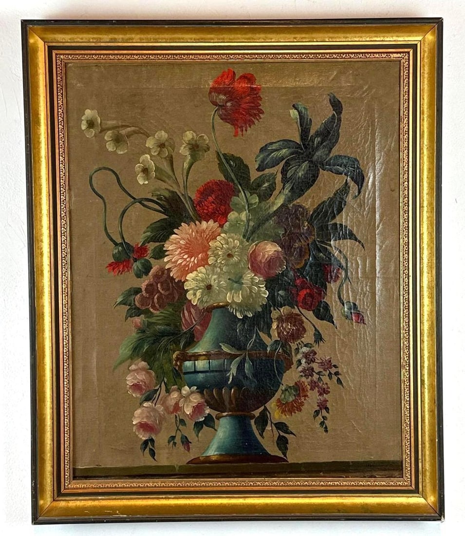 19TH CENTURY SIGNED IMPRESSIONIST FLORAL STILL LIFE OIL PAINTING ON CANVAS: A floral study of a dense multicolored bouquet in a blue vase. 1844 dated on bottom. Approximate Dimensions: 25” x 20" Frame: 29" x 24" Artist or Maker: Unintelligible signature P