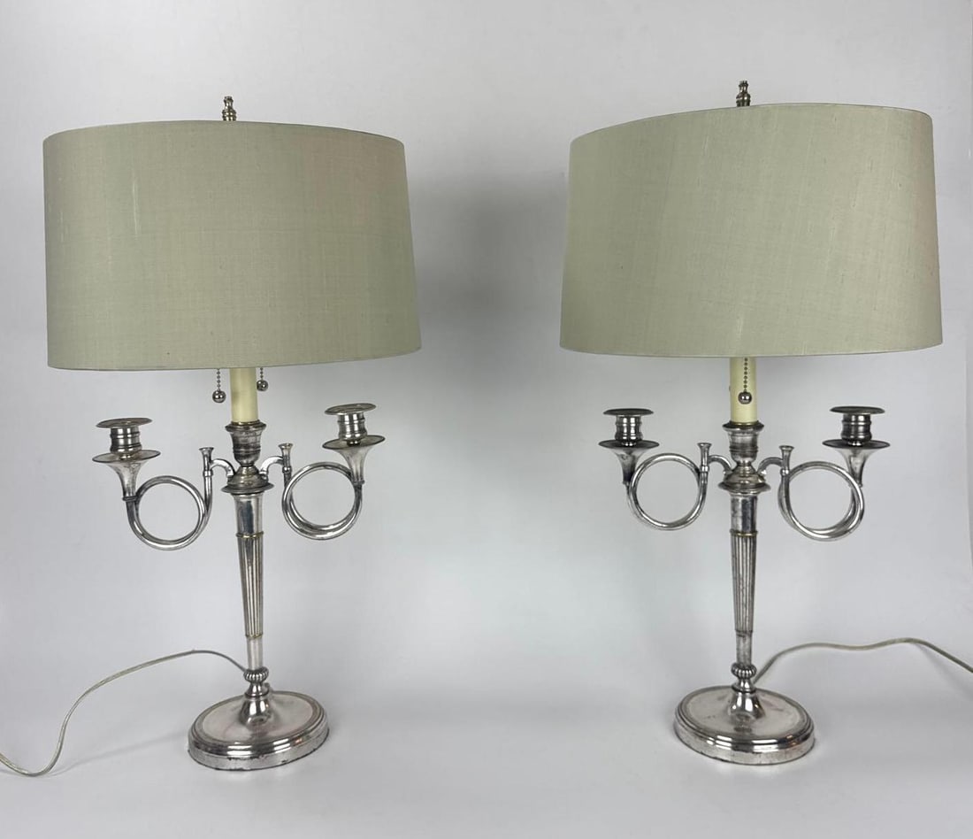 PAIR VINTAGE HUNTING HORN CANDELABRA BOUILOTTE LAMPS (1 of 15)