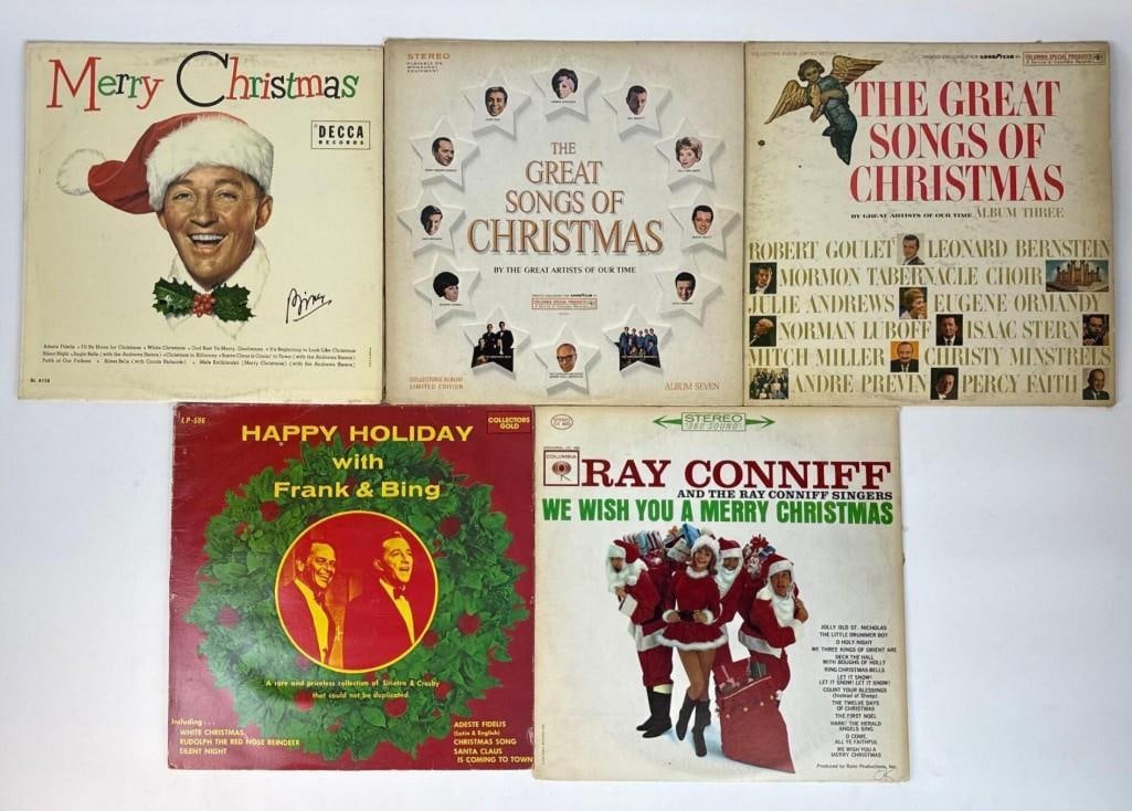 VINTAGE CHRISTMAS VINYL RECORD LOT BING CROSBY FRANK SINATRA RAY CONNIFF: *Five vintage holiday vinyl albums: Bing Crosby "Merry Christmas" (Decca DL 8128), Frank Sinatra & Bing Crosby "Happy Holiday" (Collectors Gold LP 598), Ray Conniff "We Wish Yo