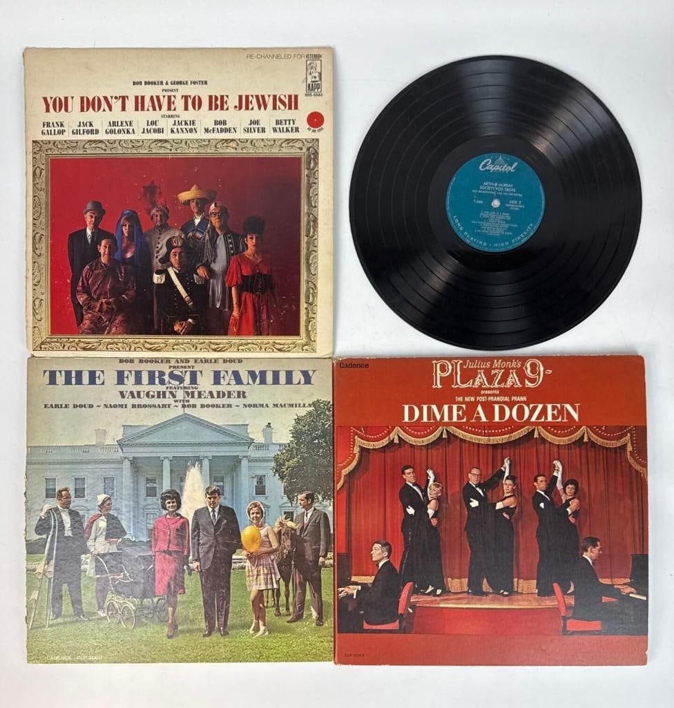 VINTAGE COMEDY AND VARIETY VINYL RECORD LOT VAUGHN MEADER JULIUS MONK ARTHUR MURRAY: *Four vintage variety and comedy vinyl albums: Vaughn Meader "The First Family" (Cadence CLP-3060), Bob Booker and George Foster "You Don’t Have To Be Jewish" (Kapp KRL-4503), Julius