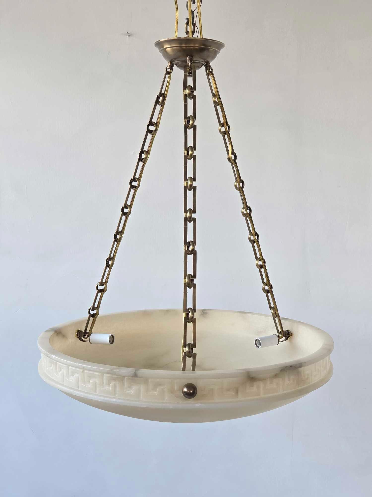 EXCEPTIONAL LARGE ANTIQUE NEOCLASSICAL ALABASTER HANGING BOWL CHANDELIER GREEK KEY: Hand-carved translucent alabaster pendant fixture with etched Greek key border and three-point brass chain suspension. Approximate Dimensions: 30"h x 23.75"dia Artist or Maker: Unknown Provena