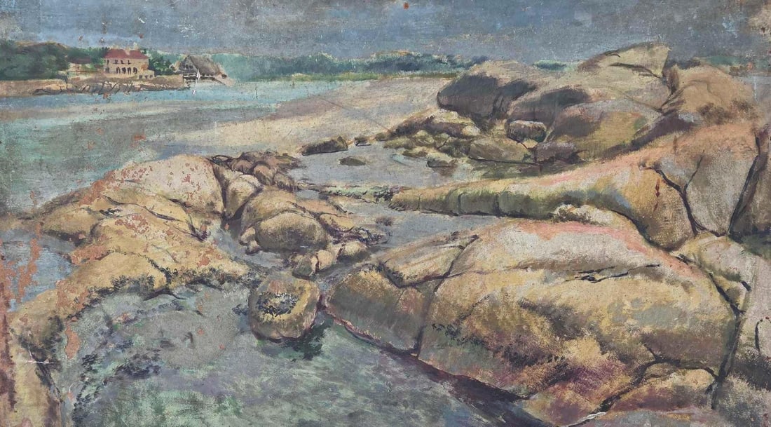 ANTIQUE ROCKY COASTAL LANDSCAPE OIL PAINTING ON MASONITE: Impressionist style mid-century coastal seascape oil on board depicting a boulder-lined shore and distant waterfront architecture. Approximate Dimensions: 22.25" x 37.5" Artist or Maker: Unkno