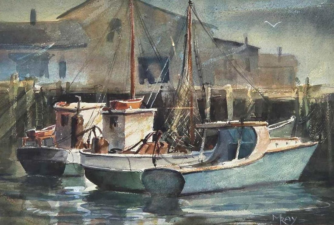 M RAY SIGNED MARITIME WATERCOLOR PAINTING FISHING BOATS AT DOCK: M Ray signed original watercolor painting of two fishing boats moored at a weathered wooden dock with coastal buildings in the background. Approximate Dimensions: 12" x 18"; Frame: 16" x